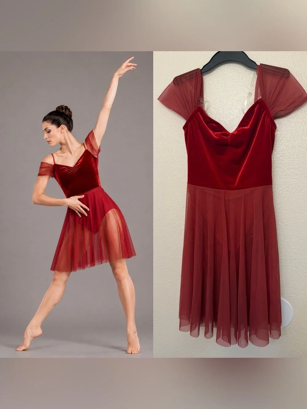 Kelle Dance costume solo red velvet off Shoulder dress lyrical LA-Large adult